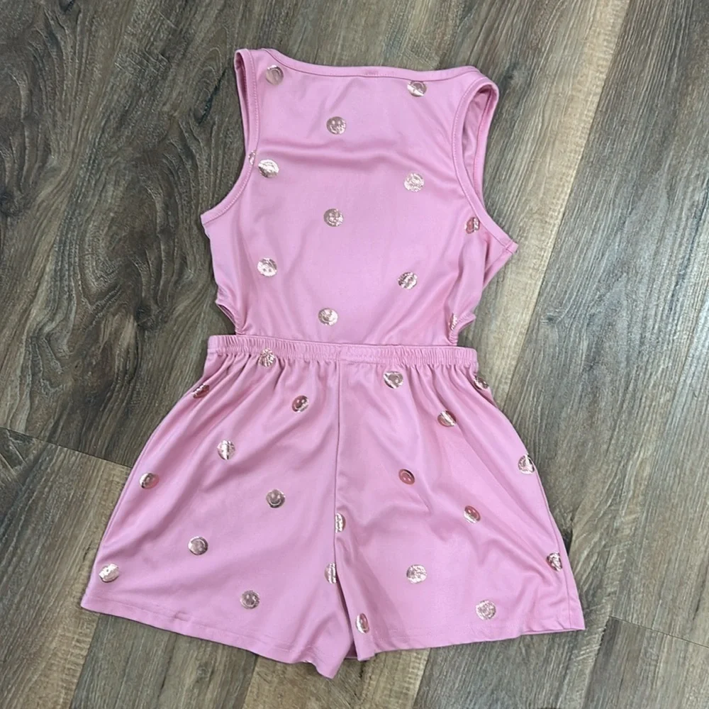 Body glove romper smiley face pink with gold smiles. Size 7 Sleeveless